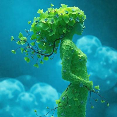 The primary subject of the image is a green, leafy sculpture of a woman with a tree growing out of her head. The setting is a blue background, which adds a vibrant and lively atmosphere to the scene. The visual style is a combination of digital art and illustration, creating a unique and captivating representation of the woman. The colors and mood convey a sense of growth, nature, and creativity.
